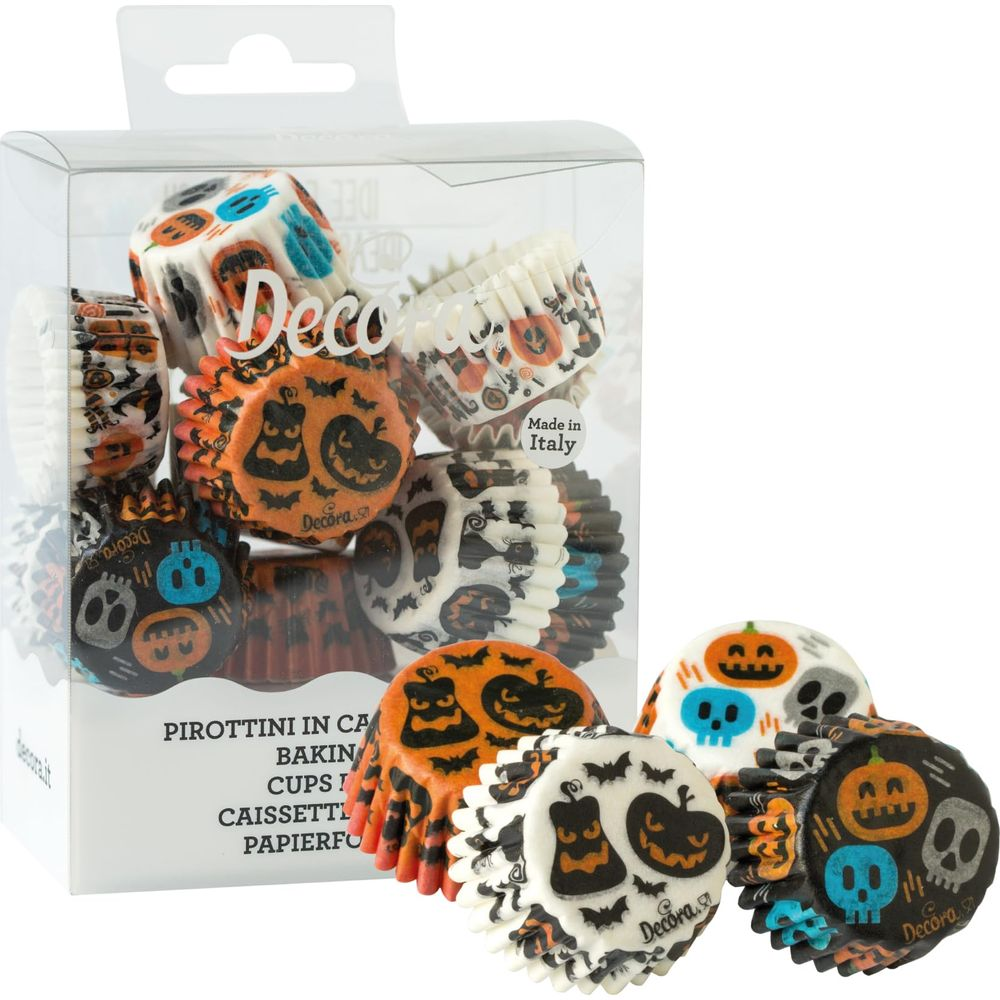 Halloween-Themen-Cupcake-Einlagen mit Kürbissen, Totenköpfen und Fledermäusen, in einer Klarsichtbox und verstreut.