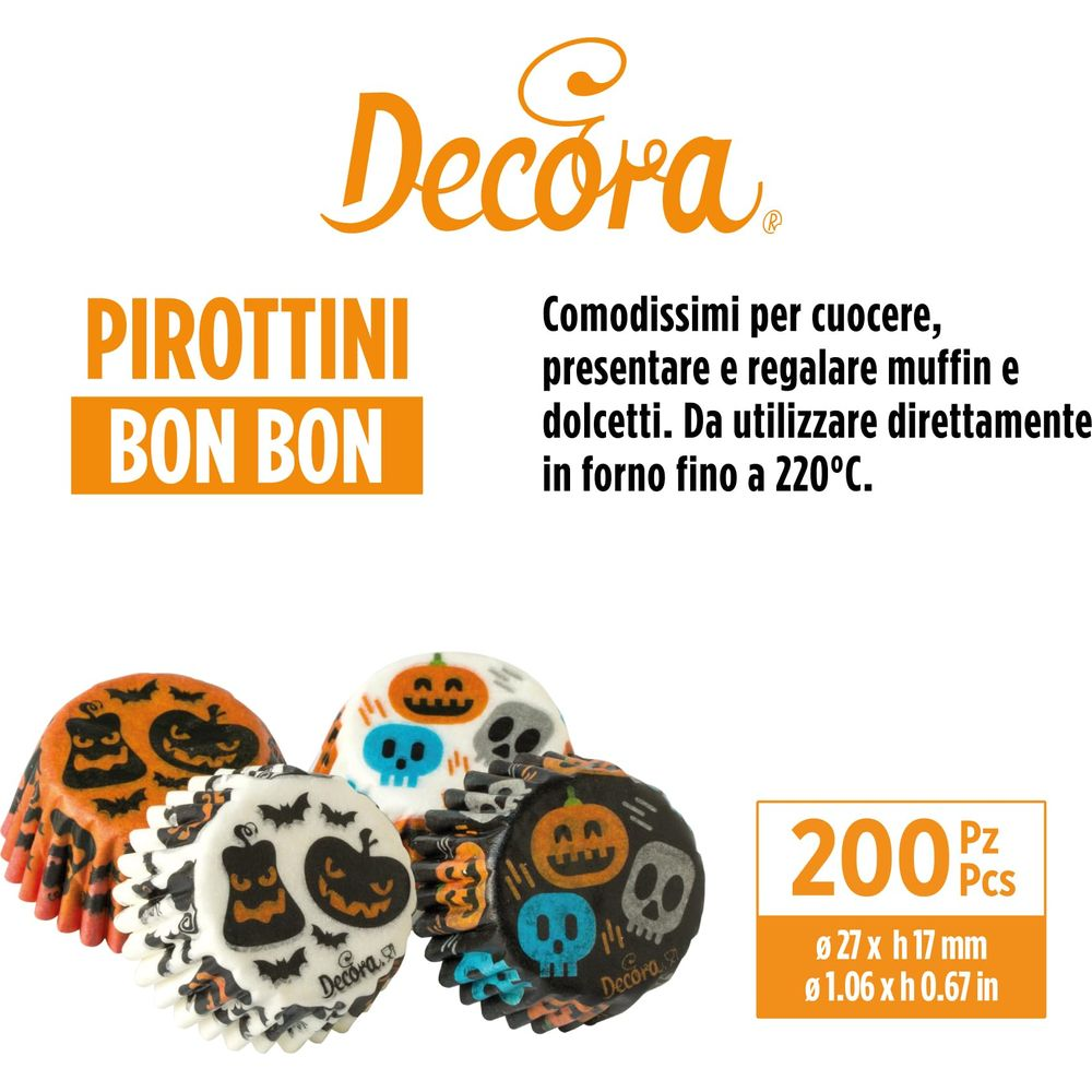 Vier Halloween-Kuchenförmchen mit Kürbis- und Totenkopfmotiven, 200 Stück.