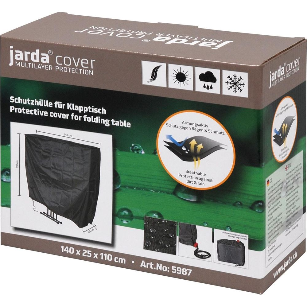 Verpackung für eine "jarda cover" Klapptisch Schutzhülle, Maße 140x25x110cm.