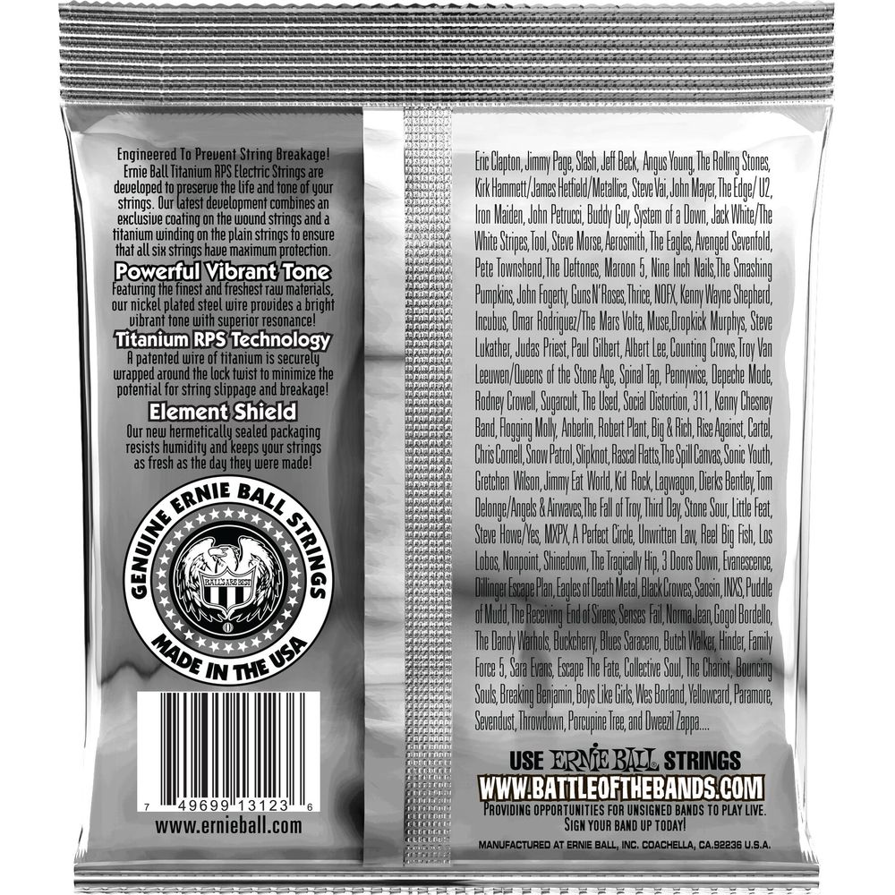Verpackung von Ernie Ball Saiten mit Logo, Text und Künstlernamen.