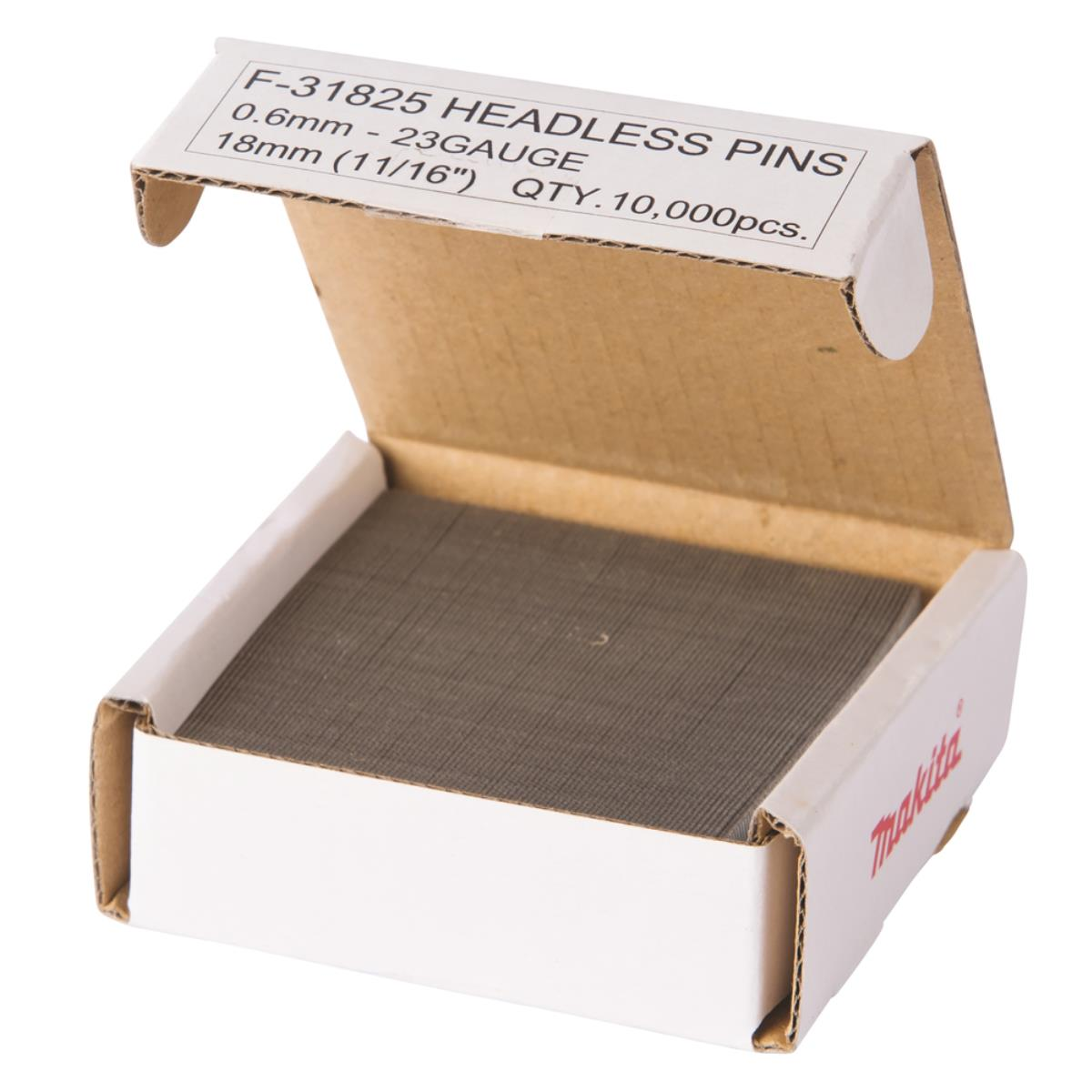 Offene weiße Box mit F-31825 Kopflosen Stiften, 18mm, 10.000 Stück.