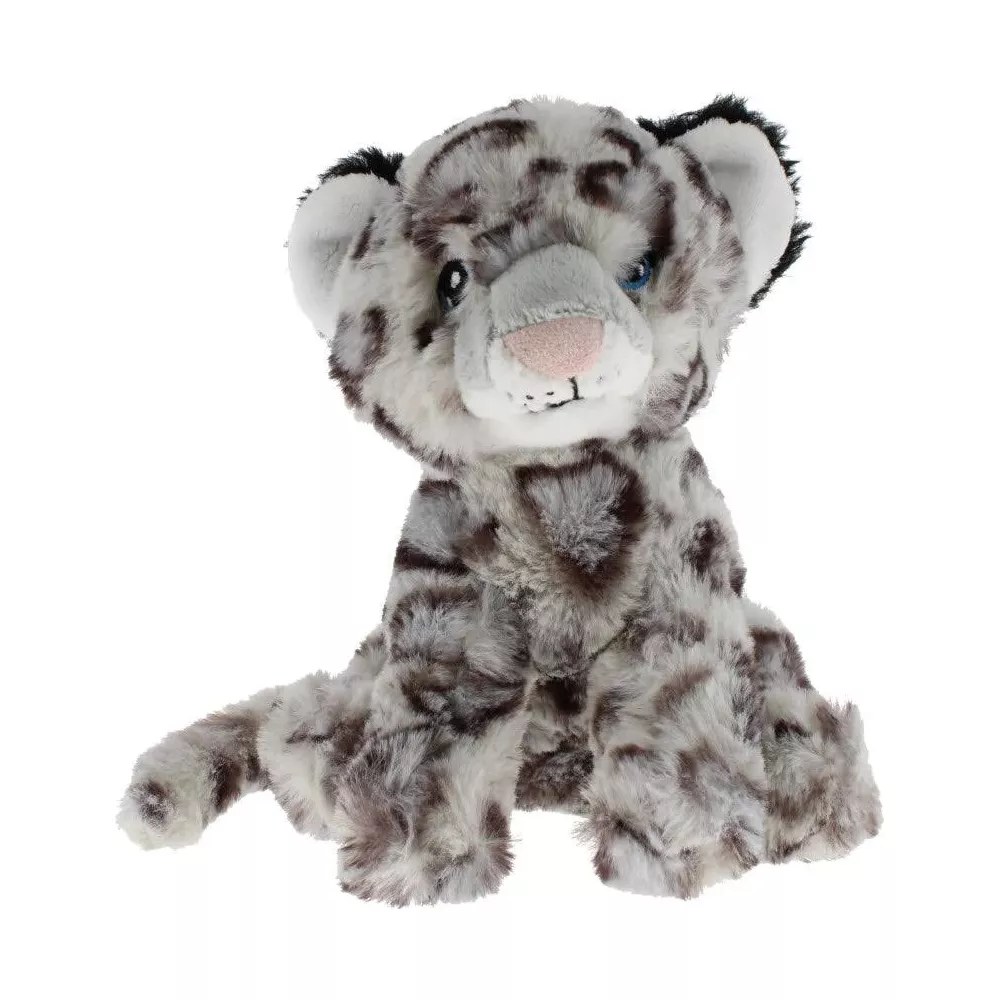 Un peluche di leopardo delle nevi soffice seduto con occhi blu e naso rosa.