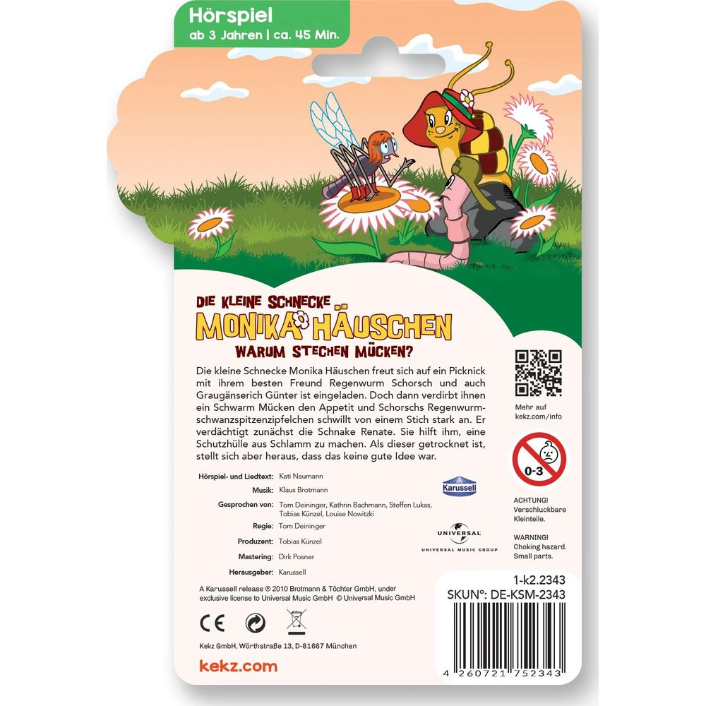 Hörspielcover mit Schnecke Monika und Mücke auf Blumen. Textinfos.