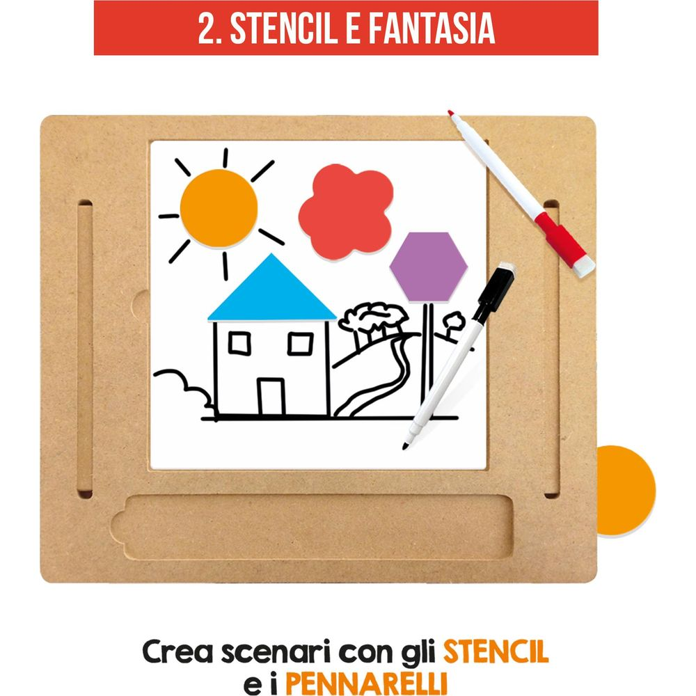Un disegno mostra una casa, sole, nuvole e una strega. Due pennarelli sono accanto.