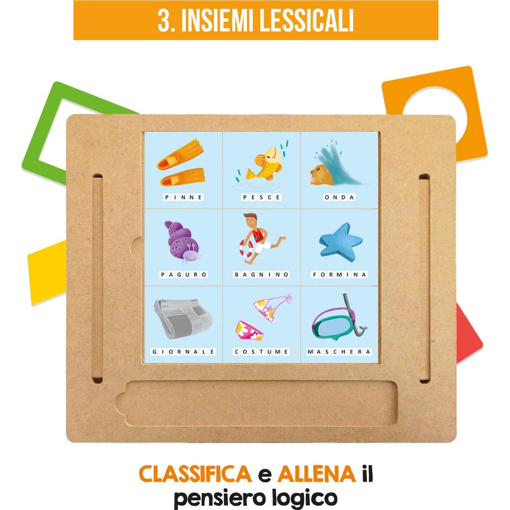 Tabellone educativo con 9 riquadri: pinne, pesce, onda, paguro, bagnino, stella marina.