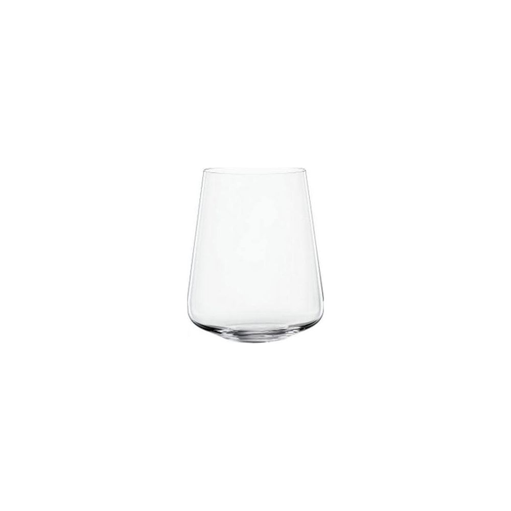 Ein klares, bauchiges Glas mit weißem Hintergrund.