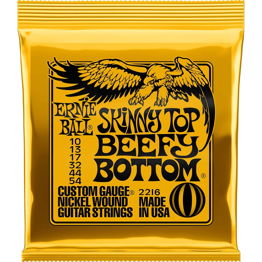 Goldverpackung von Ernie Ball Skinny Top Beefy Bottom Gitarrensaiten.
