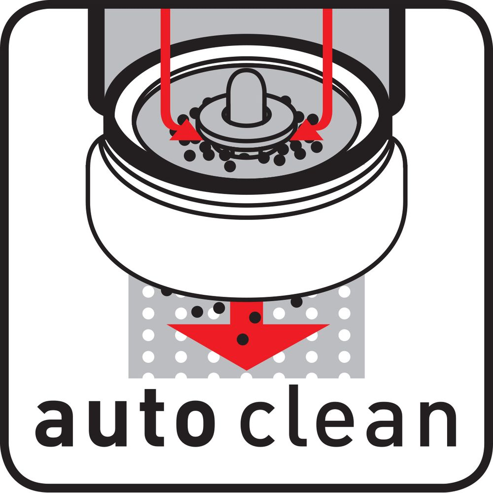 Symbol für automatische Reinigung mit Pfeilen, die auf kleine Partikel zeigen.