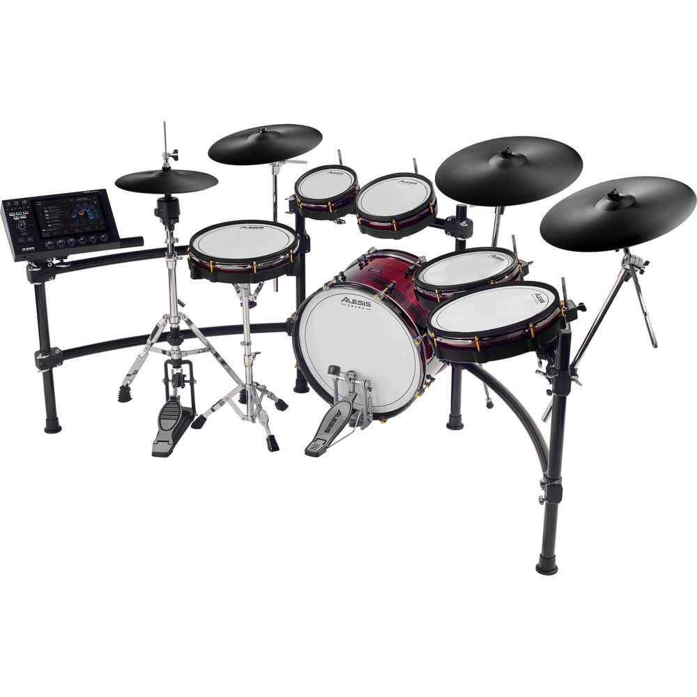 Ein digitales Schlagzeug mit rotem Bassdrum, mehreren Pads und Becken.