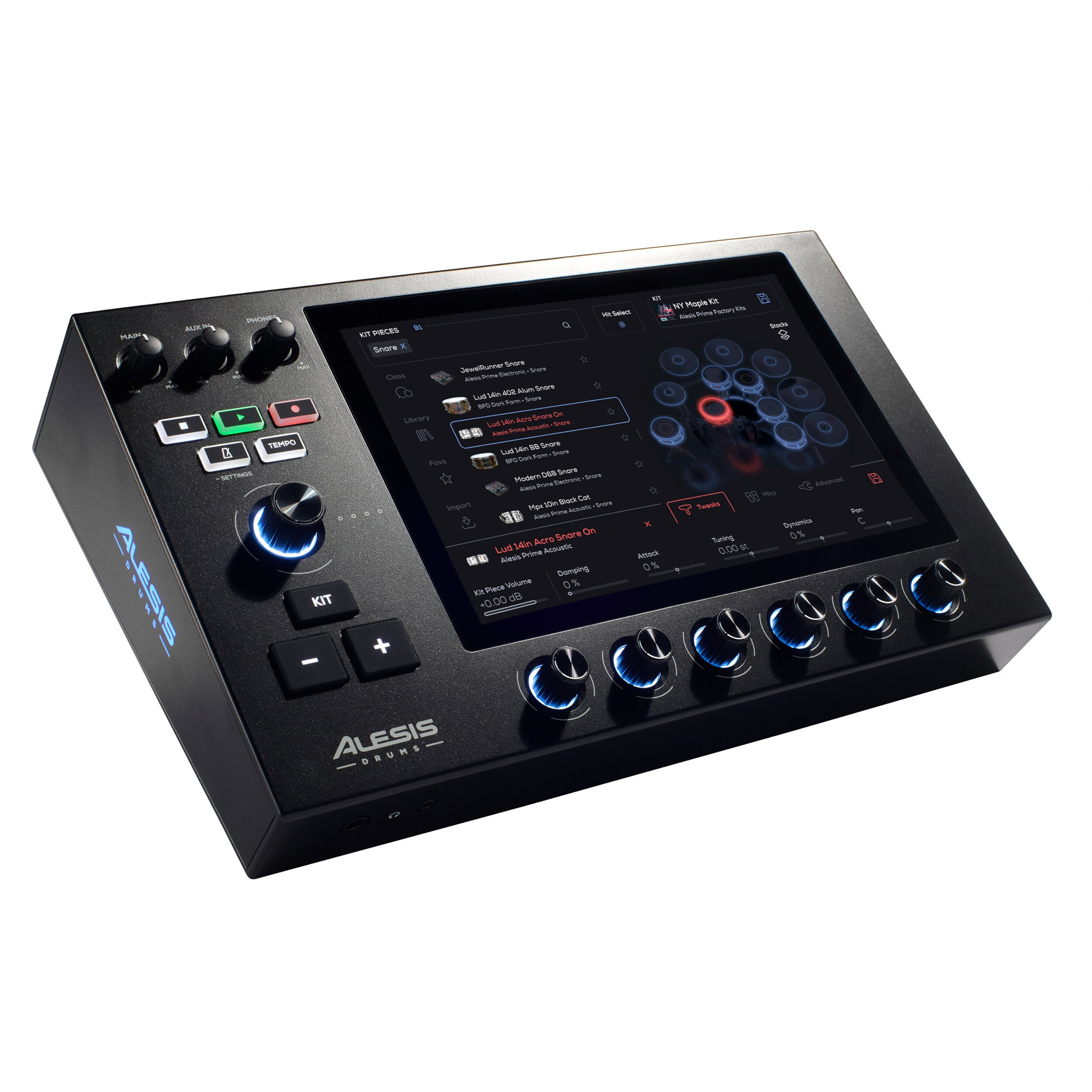 Schwarzes Alesis Drum Modul mit Touchscreen und beleuchteten Reglern.