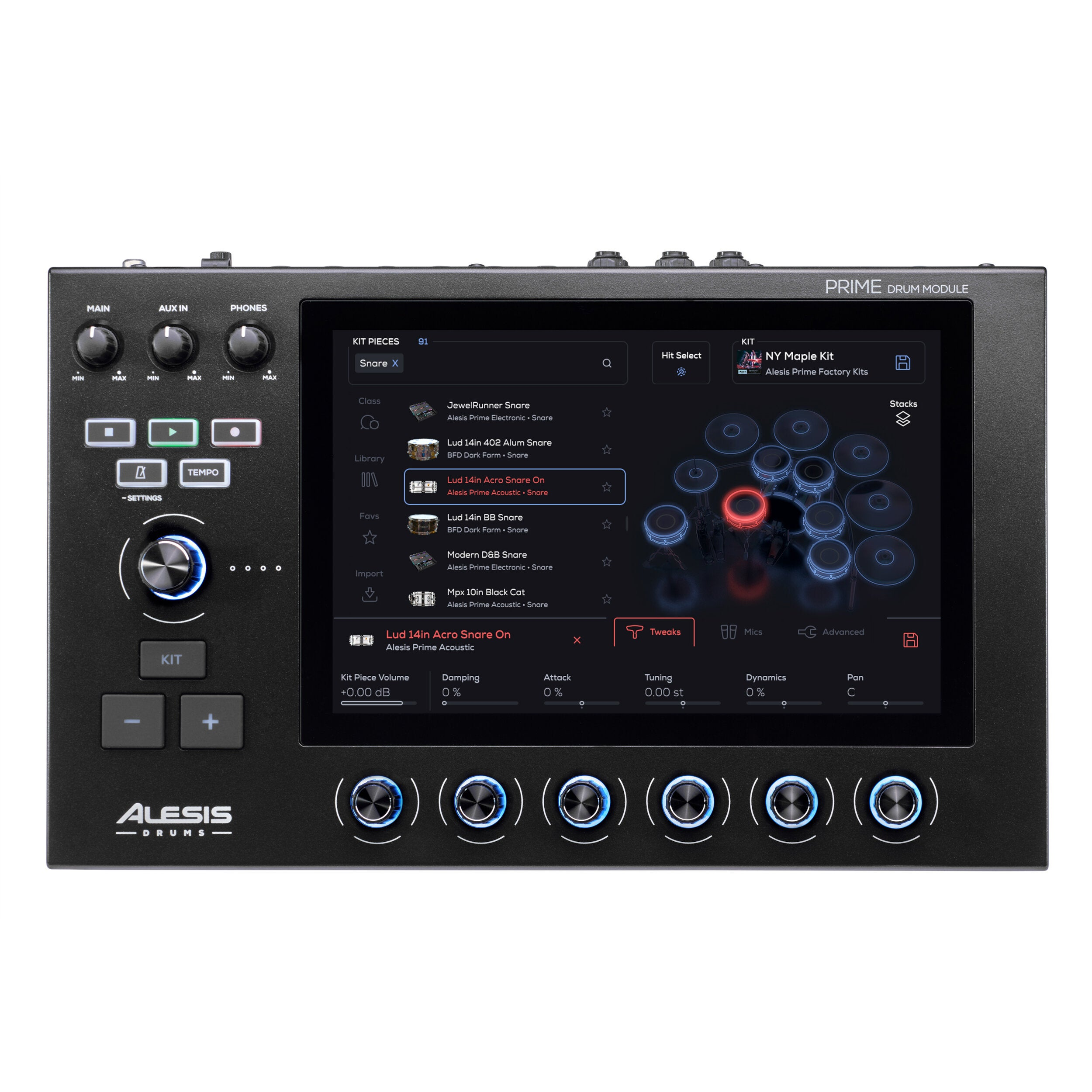 Alesis Prime Drum Module mit Touchscreen, Knöpfen und Tasten.