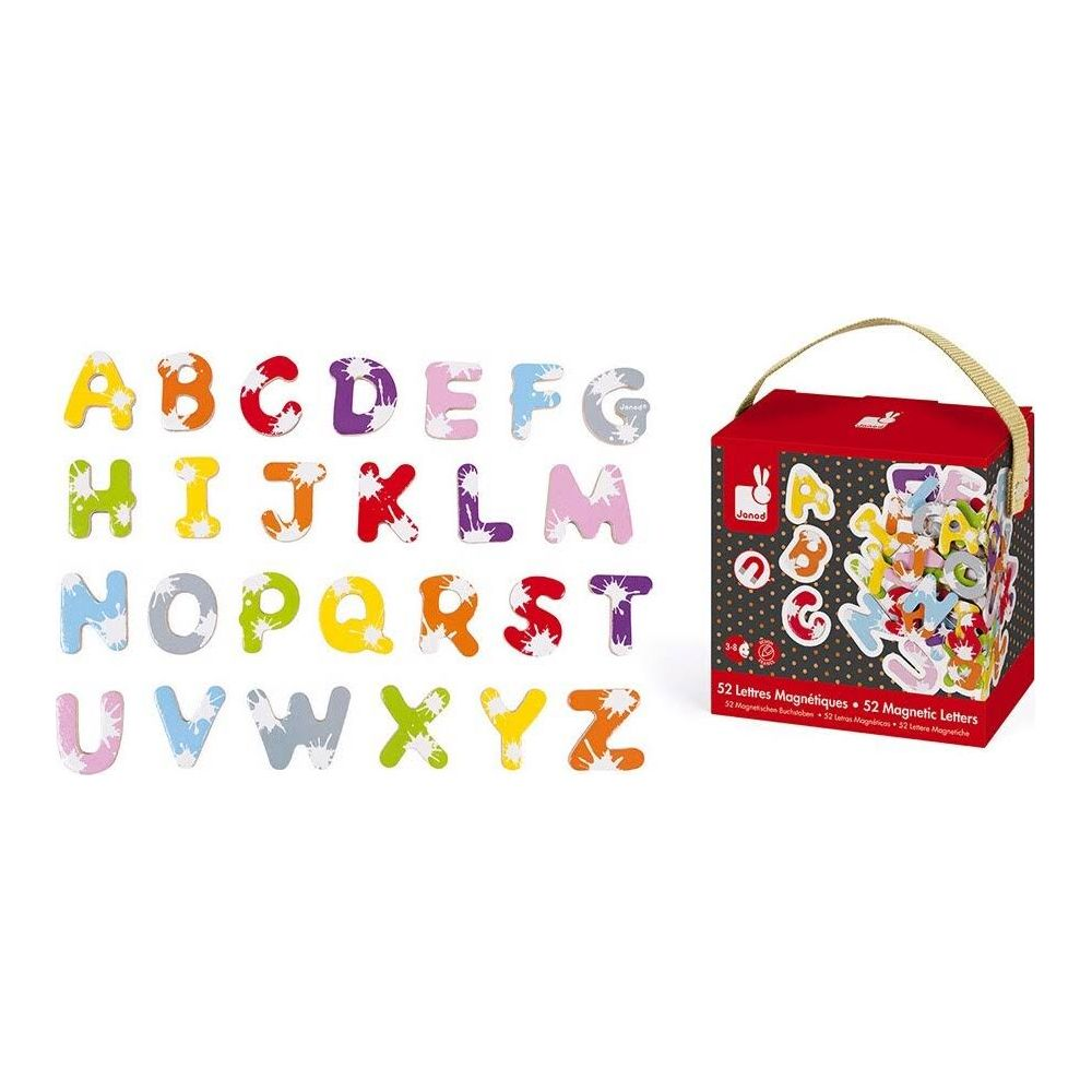 Magnetbuchstaben A-Z und eine rote Box mit Buchstaben und Bildern.