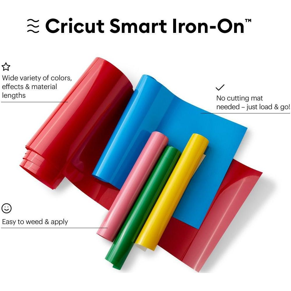 Bunte Rollen von Cricut Smart Iron-On, rot, blau, rosa, grün, gelb.