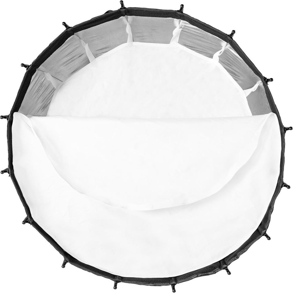 Un modeleur de lumière rond et noir avec tissu blanc à l'intérieur, sur fond blanc.