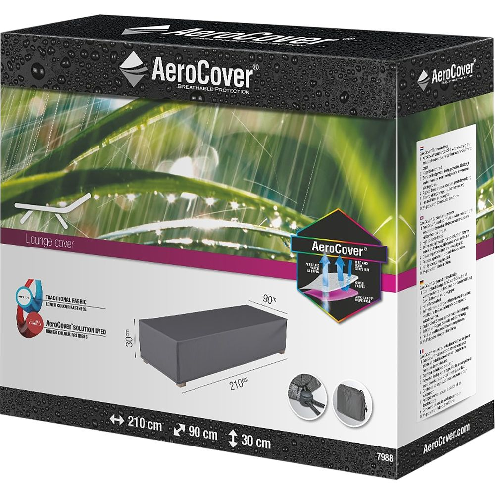 Graue Lounge-Abdeckung mit Maßen 210x90x30 cm, AeroCover-Logo und Regenbild.