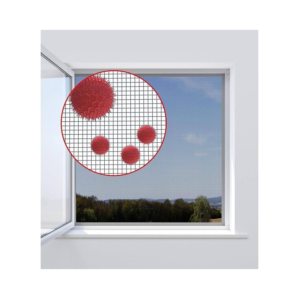 Rote Virenpartikel werden von einem Fliegengitter vor einem Fenster abgewehrt.