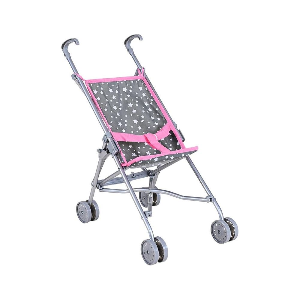 Ein grauer Puppenwagen mit rosa Gurten und Sternenmuster.