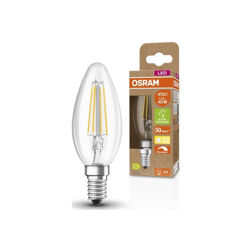 Lampadina LED Osram a candela, trasparente, E14, 2,9W, 470lm, bianco caldo.
