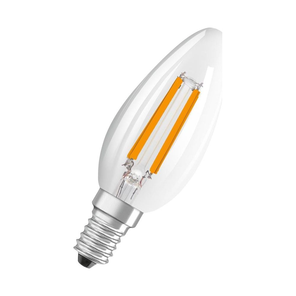 Una lampadina LED a candela trasparente con base a vite argentata e due filamenti arancioni.