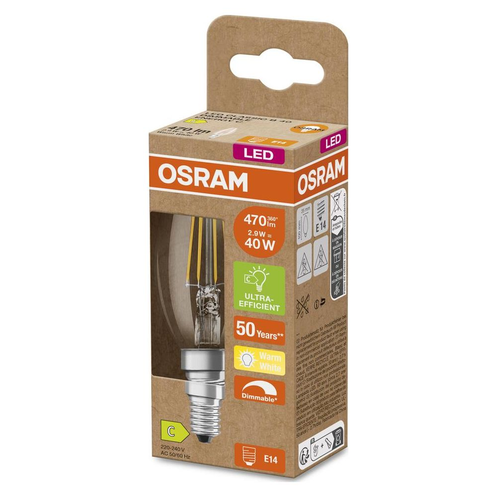 Lampadina LED OSRAM in confezione, bianco caldo, attacco E14, ultra-efficiente.
