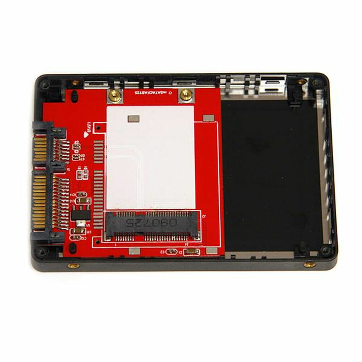 Ein geöffneter SSD mit roter Platine, silbernen Anschlüssen und schwarzem Gehäuse.