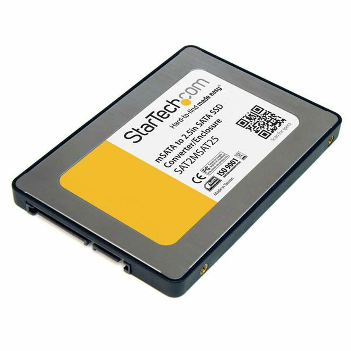 Ein StarTech.com mSATA zu 2,5 Zoll SATA SSD Konverter/Gehäuse auf weißem Hintergrund.