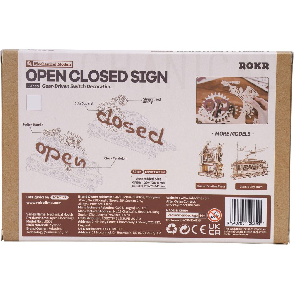 Verpackung für ein mechanisches Modell "Open Closed Sign" mit Zahnrädern.
