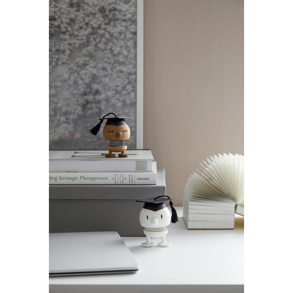 Zwei kleine Figuren mit Doktorhüten auf einem Schreibtisch mit Büchern und Notizblöcken.