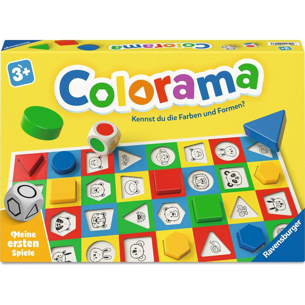 Gioco da tavolo Colorama con caselle colorate, immagini di animali e dadi.