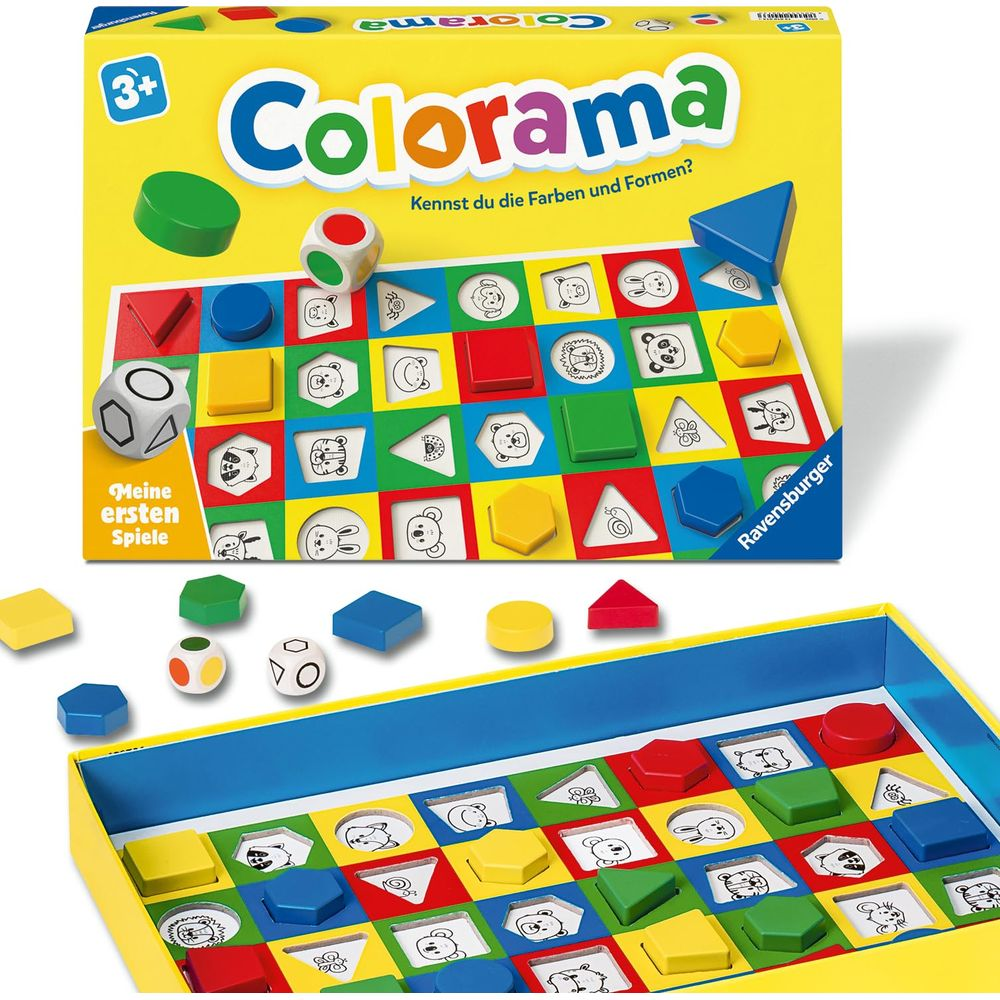 Gioco da tavolo Colorama con forme colorate e immagini di animali. Dadi e pedine.