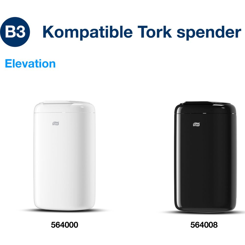 Weiße und schwarze Tork Spender nebeneinander, mit Produktnummern.