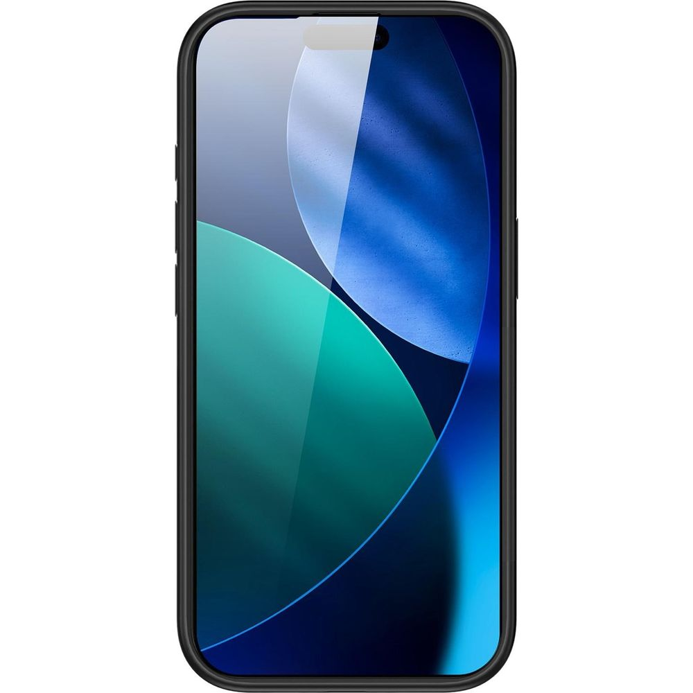 Schwarzes Smartphone mit blauem und grünem Hintergrundbild. Der Bildschirm ist aus.