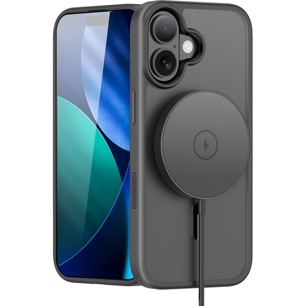 Ein dunkles iPhone mit Hülle und Ladezubehör, Nahaufnahme.