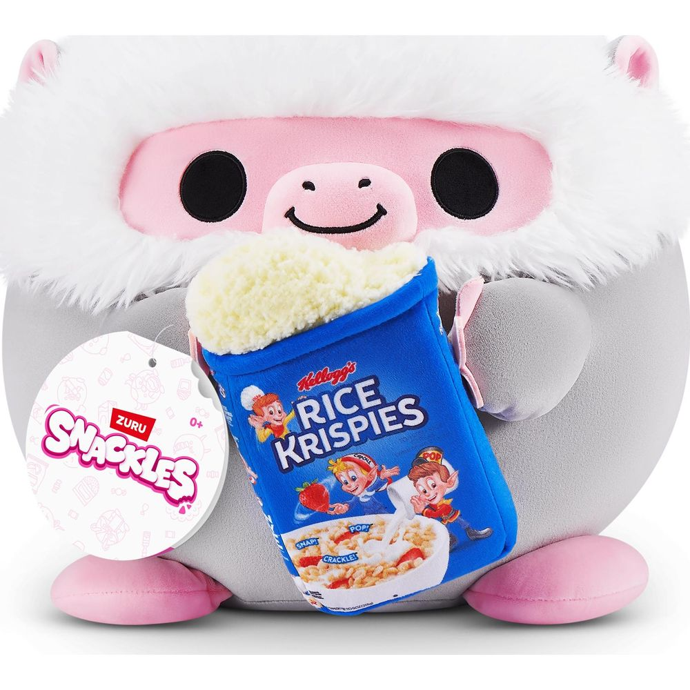 Une peluche tient une mini boîte de Rice Krispies. Corps gris, oreilles roses, bordure blanche, pieds roses.