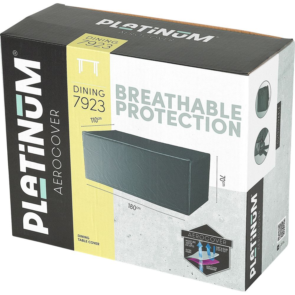 Verpackung für einen schwarzen Tischbezug der Marke Platinum Aerocover, Maße 180x110x70cm.