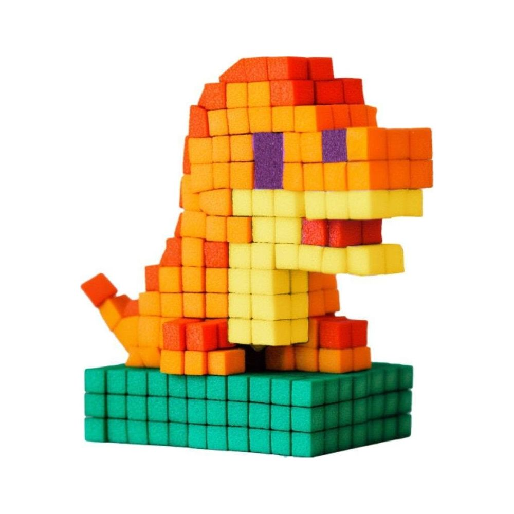Pixel-Dinosaurier in Orange und Gelb sitzt auf einem grünen Sockel.