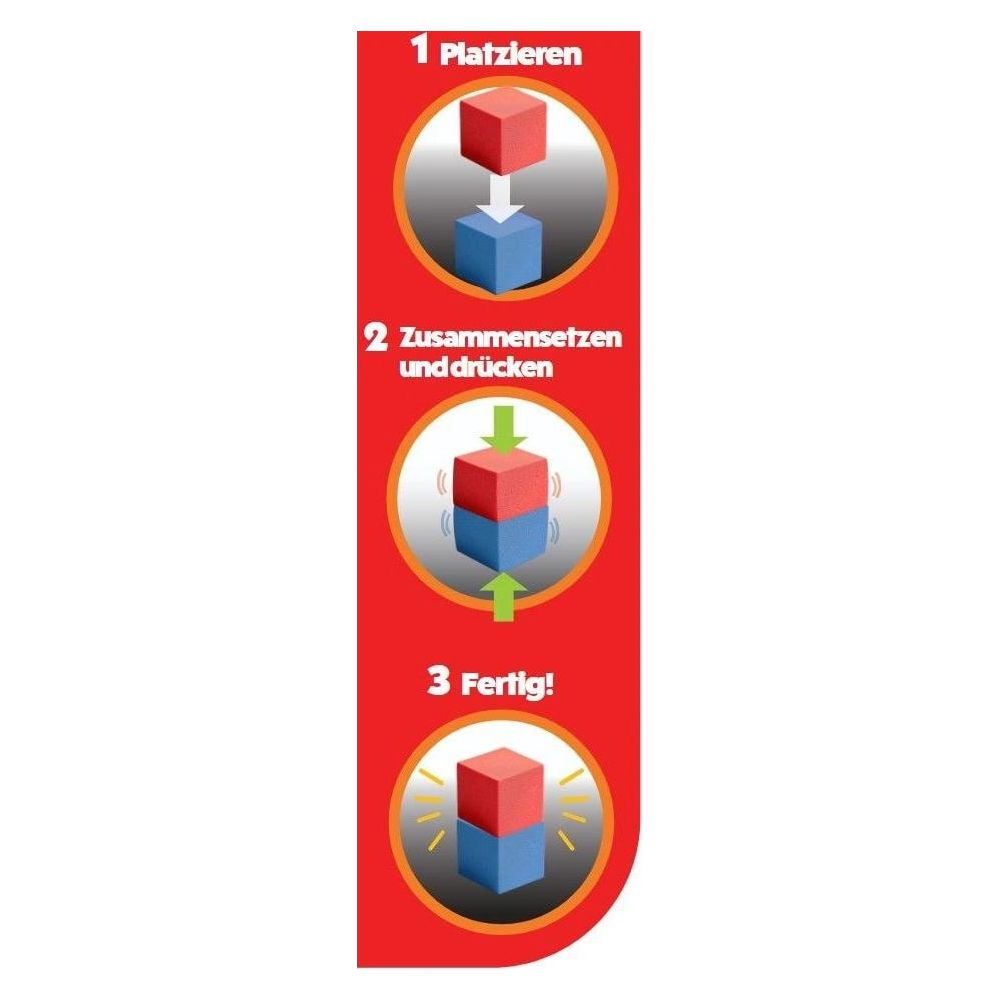Schritt-für-Schritt-Anleitung: Würfel platzieren, zusammensetzen und drücken, fertig.