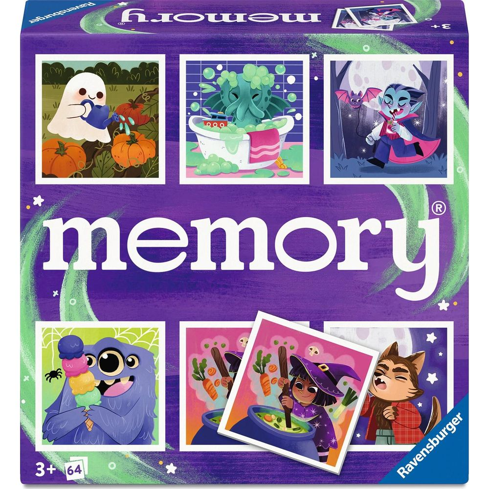  Ravensburger Memory Spielbox mit bunten Bildern von Monstern, Geistern und Hexen.