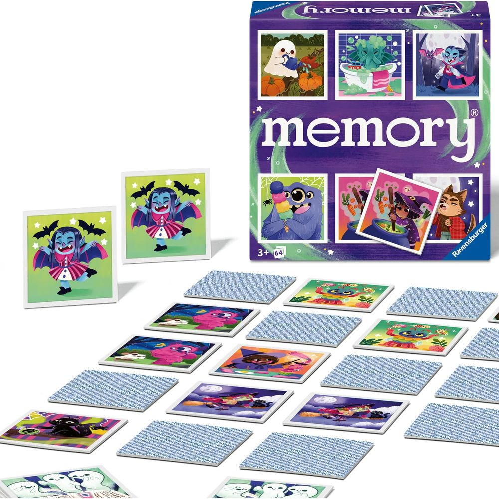 Memory-Spiel mit Vampir- und Monster-Motiven, Karten ausgebreitet.