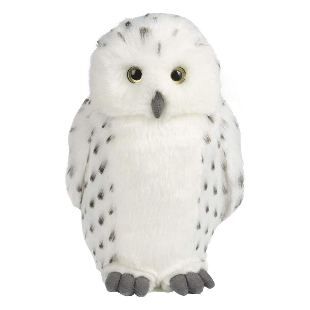 Un giocattolo gufo di peluche bianco e soffice con macchie nere e occhi gialli.