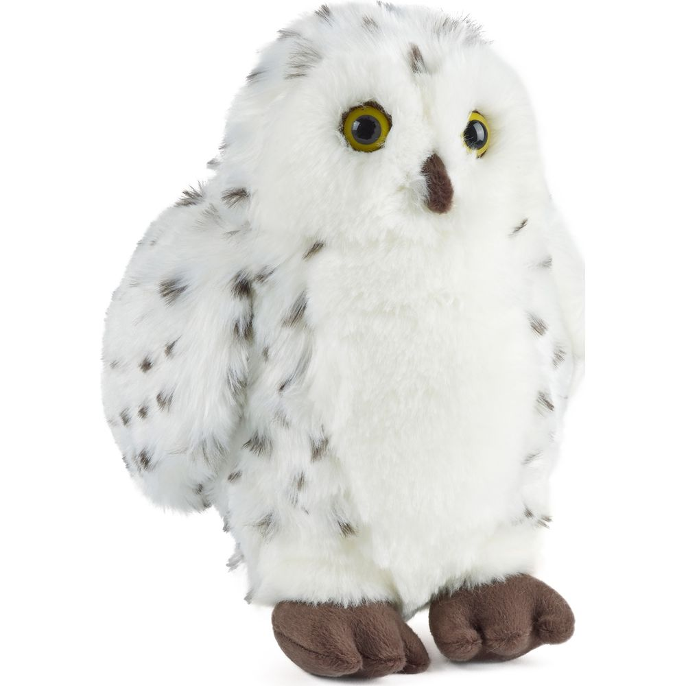 Gufo delle nevi di peluche con occhi gialli e piedi marroni su sfondo bianco.
