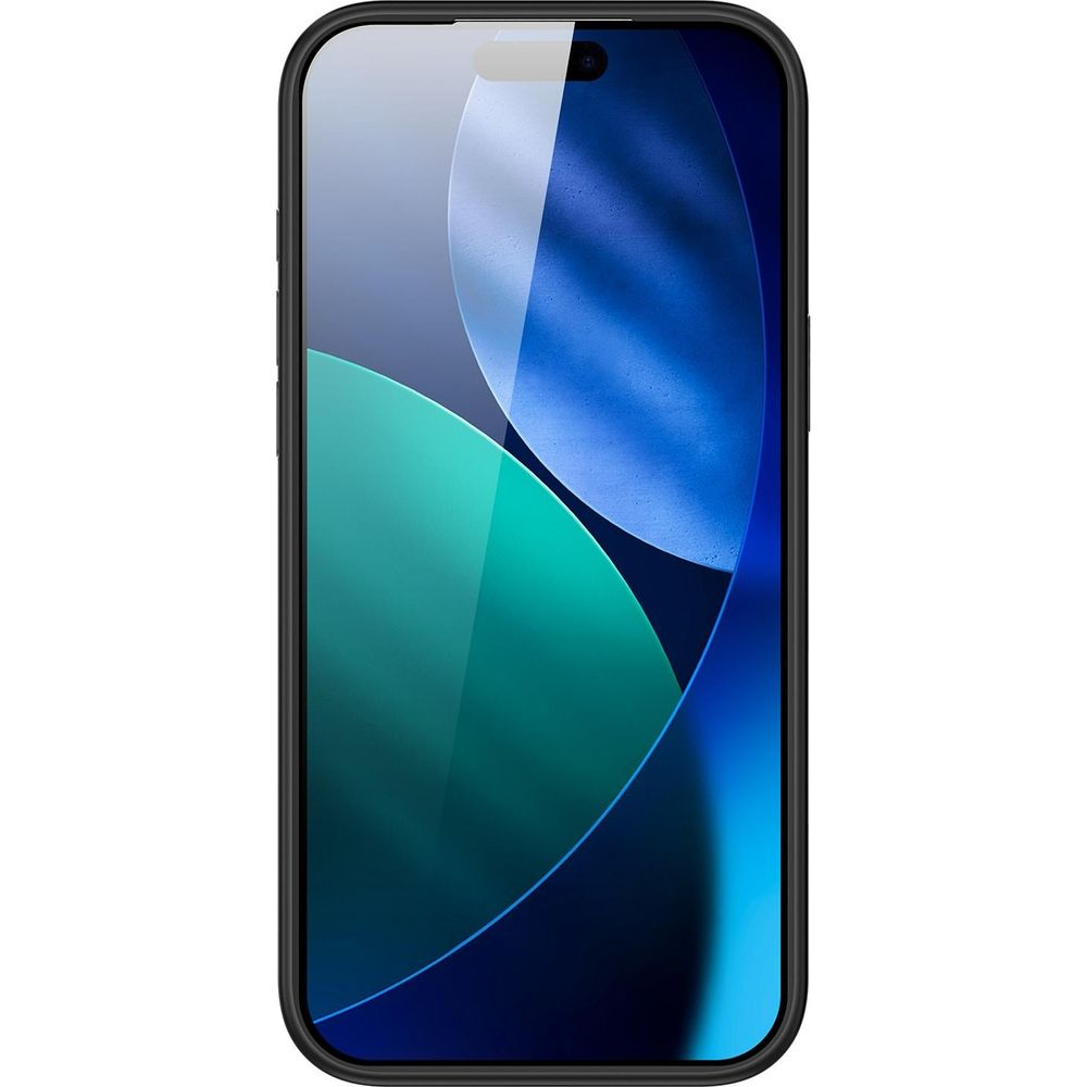 Ein schwarzes Smartphone mit einem dynamischen blauen und grünen Hintergrundbild.