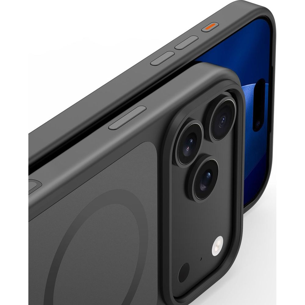 Eine schwarze Handyhülle mit kreisförmigem Design auf der Rückseite wird neben einem Smartphone gezeigt.