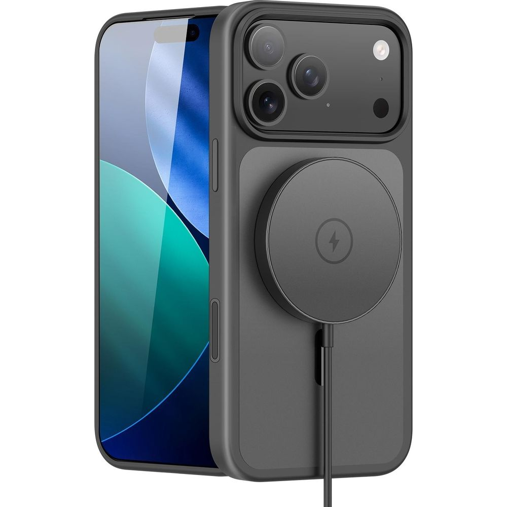 Ein graues iPhone mit einer magnetischen Ladehülle und Kabel.