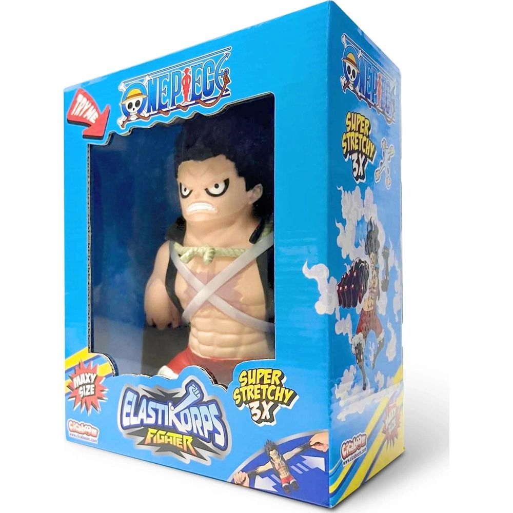 Eine blau-gelbe Verpackung mit einer dehnbaren Figur von Monkey D. Luffy aus One Piece.