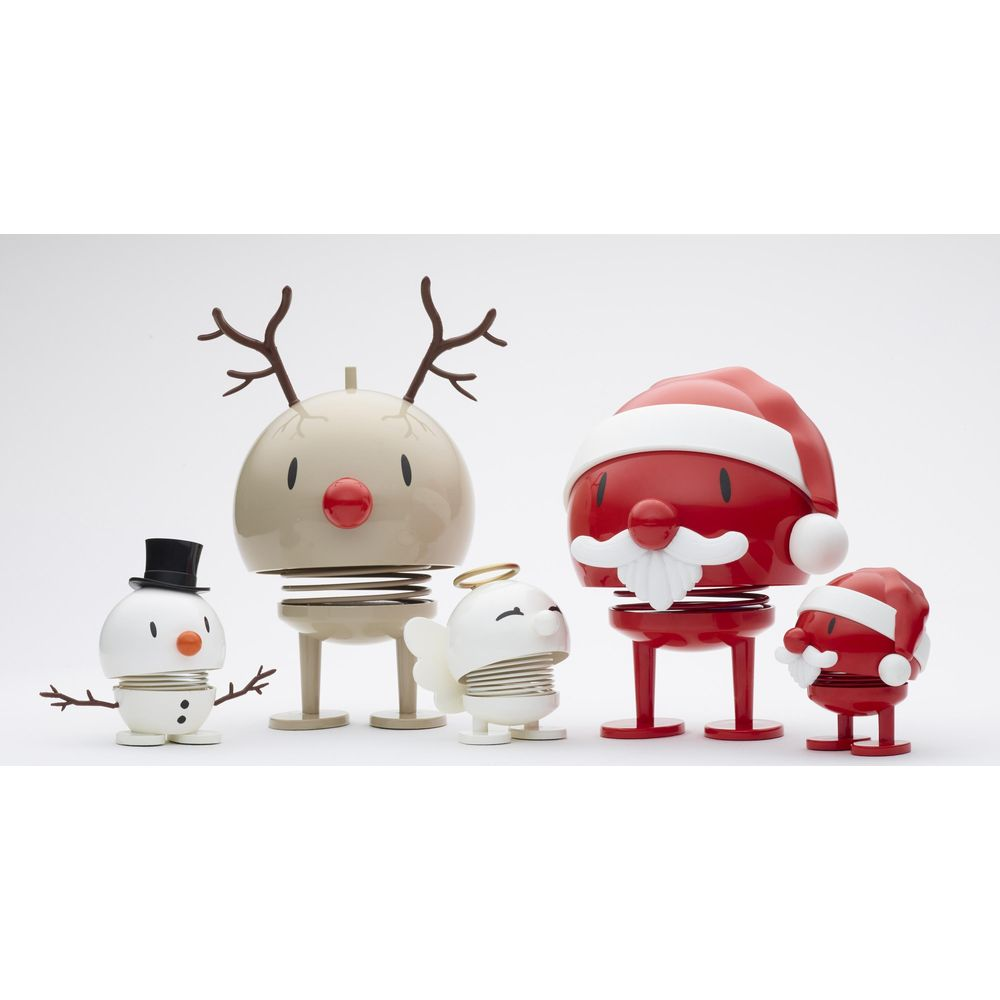 Cinque figure natalizie: pupazzo di neve, renna, angelo e due Babbo Natale.