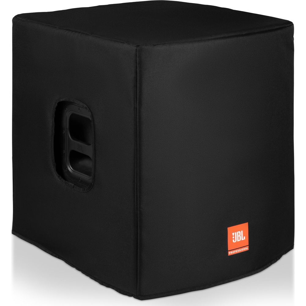 Schwarzer Lautsprecherbezug mit JBL-Logo und Griff. Weißer Hintergrund.