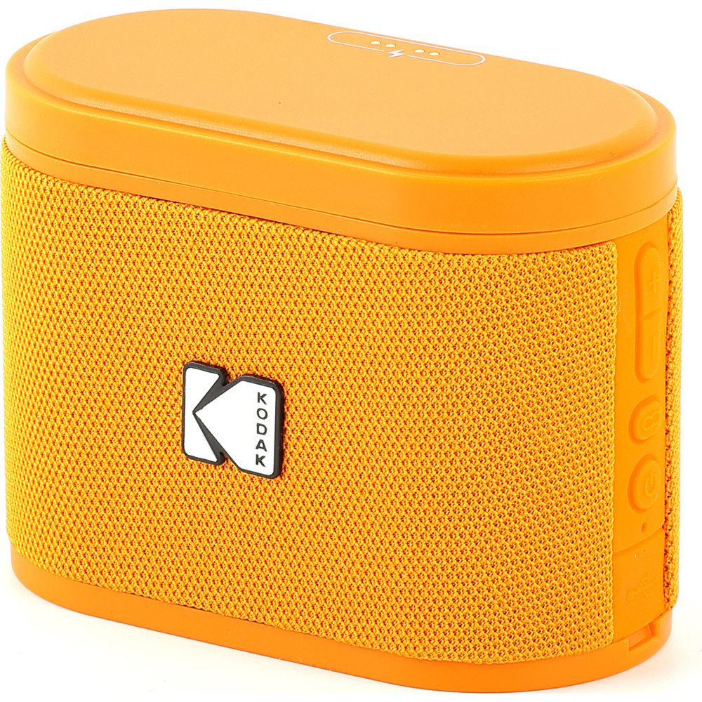 Un altoparlante Kodak arancione con griglia in tessuto e logo.
