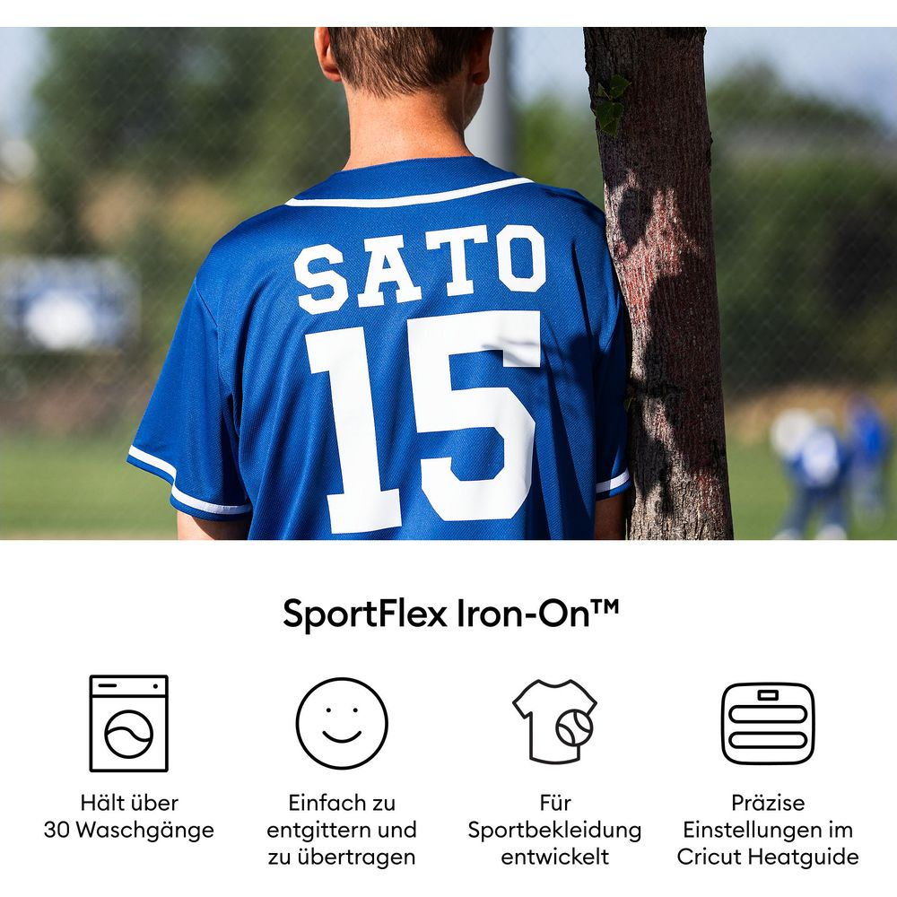 Rückseite eines blauen Trikots mit der Aufschrift SATO 15. Icons erklären Eigenschaften.