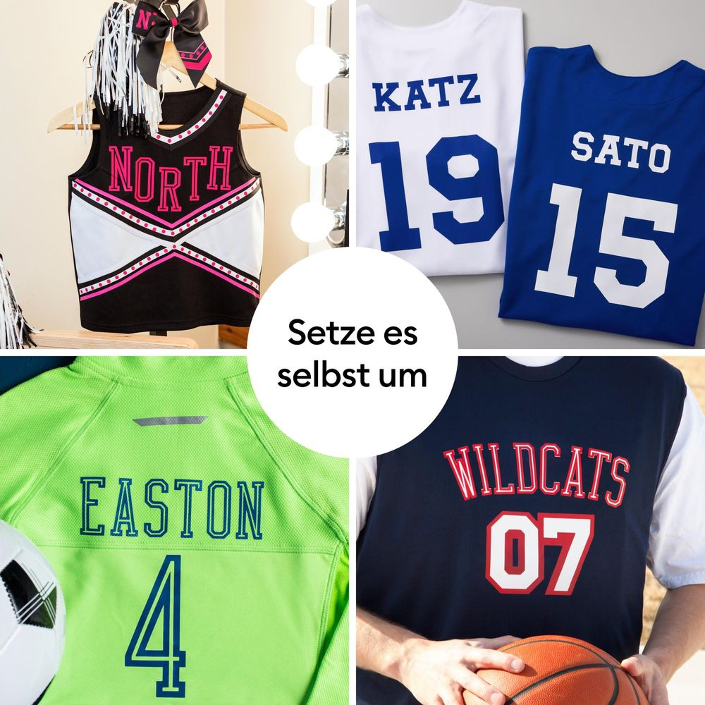 Sportbekleidung: Cheerleader-Top, Trikots mit Namen/Nummern, Fußball- und Basketball-Trikot.